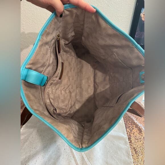 MICHAEL KORS 🩵 Blue & White Striped Shoulder Canvas Tote, Gold Logo - Picture 2 of 15